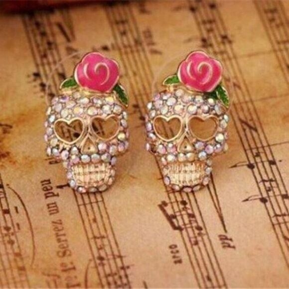 Sugar Skull Day of the Dead Crystal Earrings - Picture 1 of 3